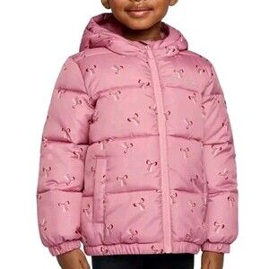 Miles the Label Kids Hooded Puffer Jacket Girls Water, Pink with Bows, 4T NWT